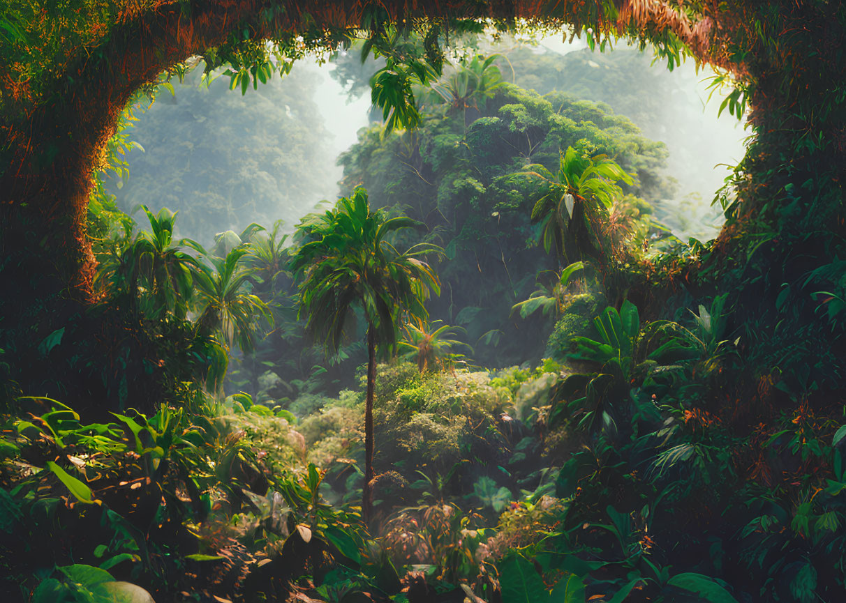 Verdant rainforest with misty foliage through natural leaf archway