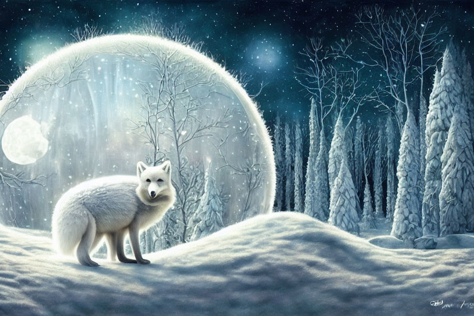 White Fox in Snowy Forest Under Full Moon with Radiant Light