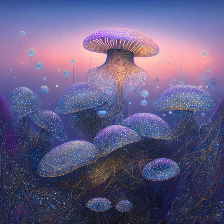 Vibrant bioluminescent mushroom illustration in blue and purple