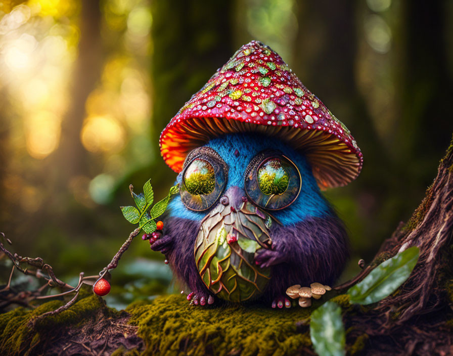 Colorful Whimsical Creature with Mushroom Cap in Enchanted Forest