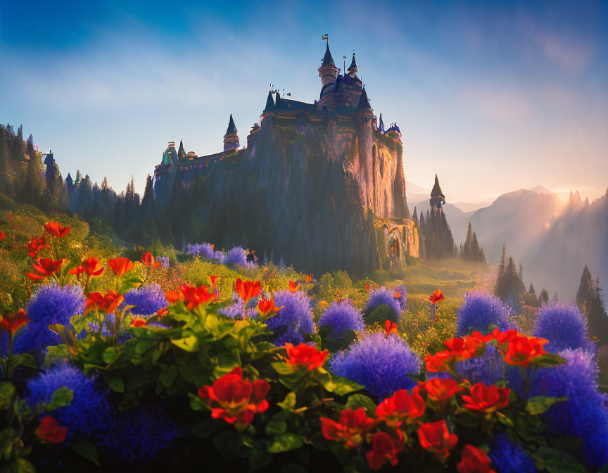 Fairytale castle on cliff with vibrant flowers at sunset