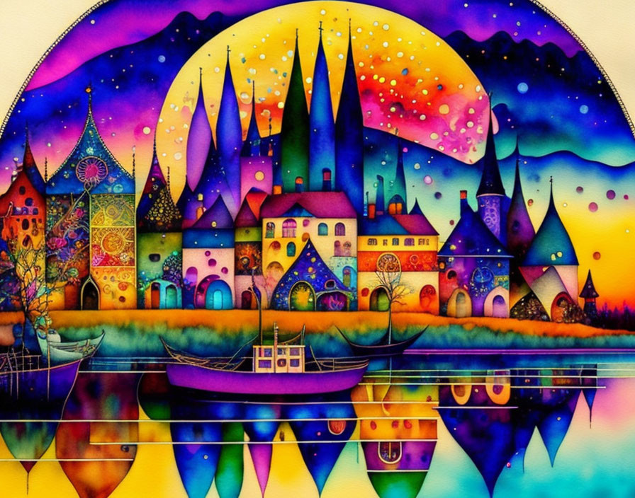 Colorful cityscape with castles, spires, river, and boats under starry sky