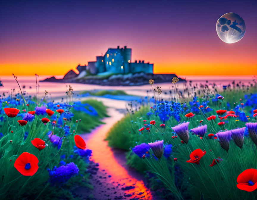 Vibrant purple sunset over seaside castle with moonlit sky