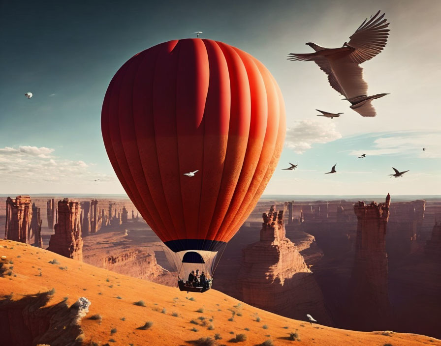 Red hot air balloon over desert canyons with flying birds in clear sky