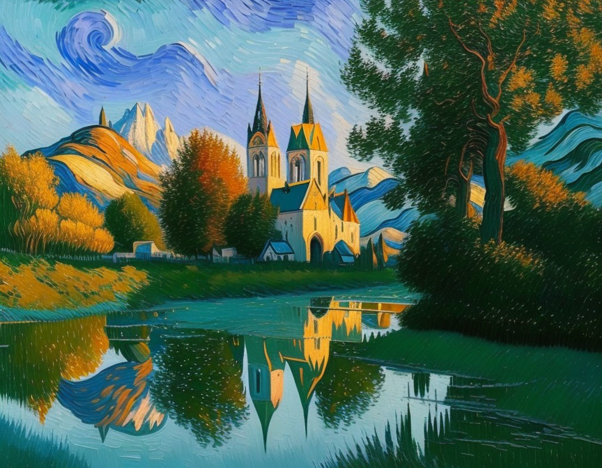 Church with Spires Reflecting in River Amid Lush Landscape