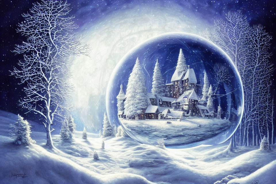 Snowy winter scene with houses in bubble under starry sky & snow-covered trees