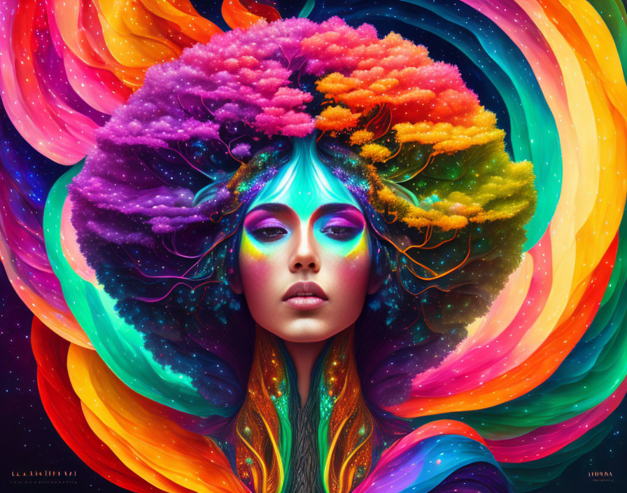 Colorful cosmic tree blooms from woman's head with flowing rainbow hair