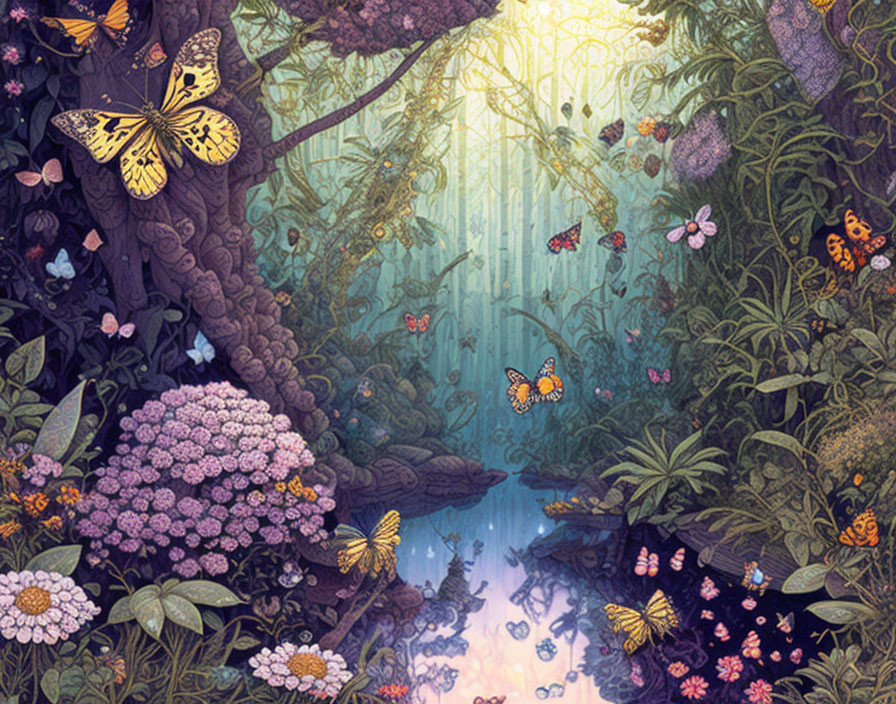 Fantastical forest scene with butterflies, stream, lush foliage, and blooming flowers