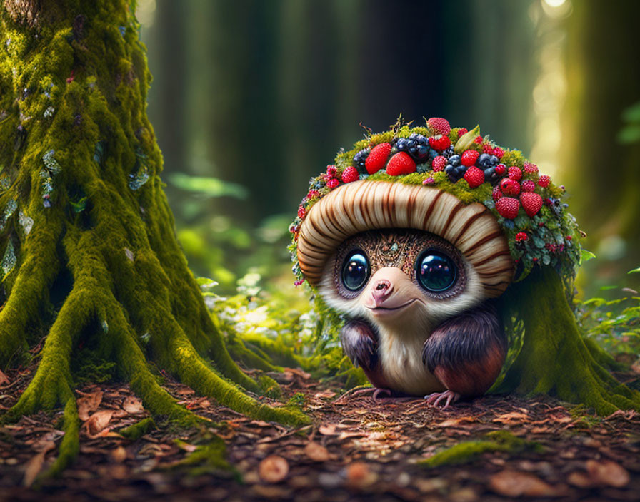 Whimsical creature with big eyes in forest wearing mushroom and berry cap