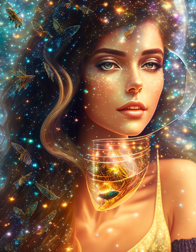 Portrait of woman with galaxy-themed makeup, sparkling eyes, stars in hair, butterflies, swirling cosmos.