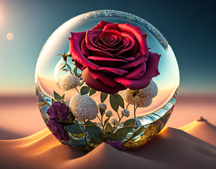 Red rose in transparent sphere with floral patterns on desert backdrop at dusk