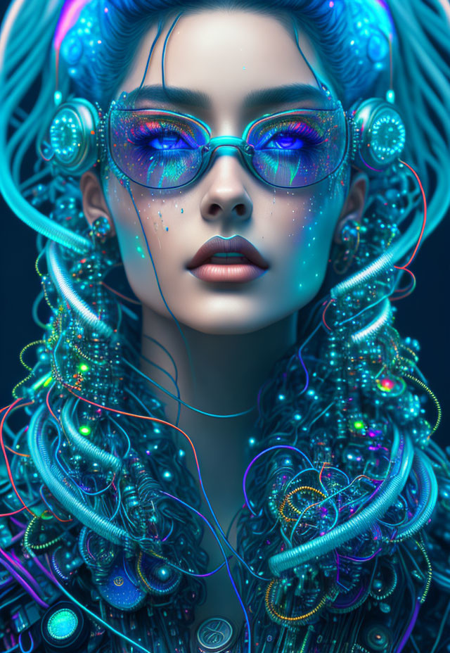 Futuristic portrait of woman with neon blue hair and cybernetic enhancements