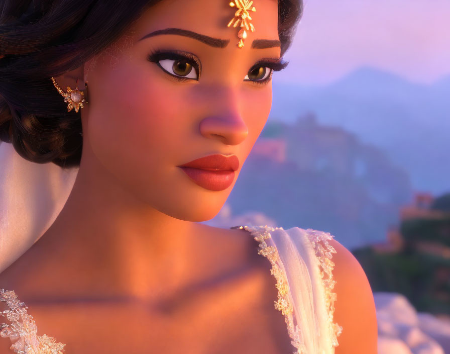 Elegant female character in white dress with earrings and hairpin at sunset