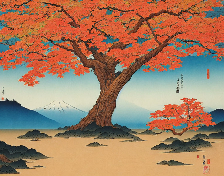 Japanese woodblock print: Vibrant orange maple tree and Mount Fuji.