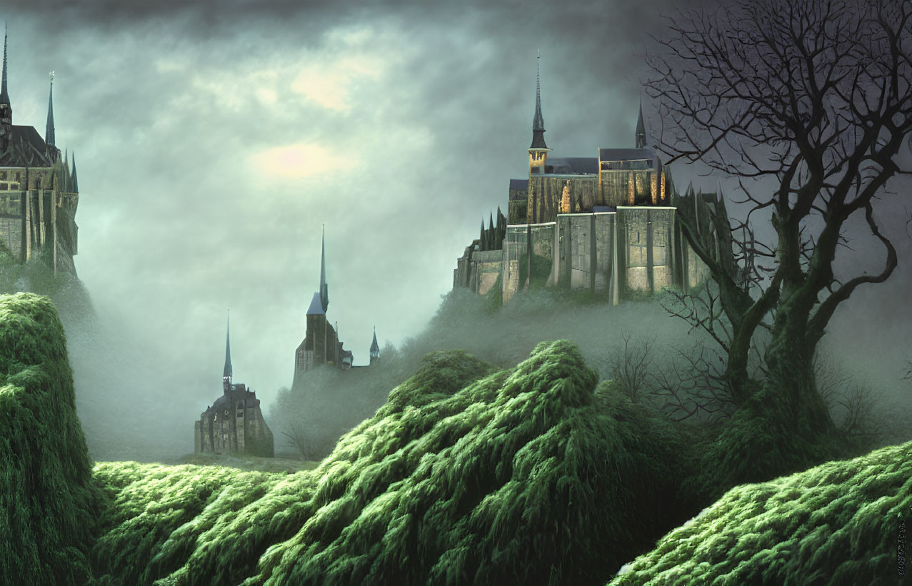 Mystical castle in overgrown greenery under moody sky