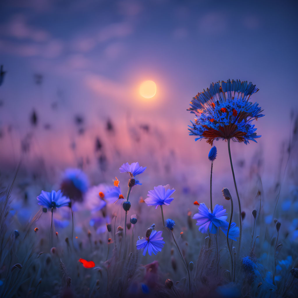 Vibrant blue and red flower field at dusk with soft-focus sunset