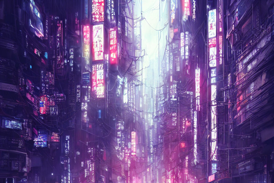 Neon-lit cyberpunk cityscape with towering buildings and glowing signs