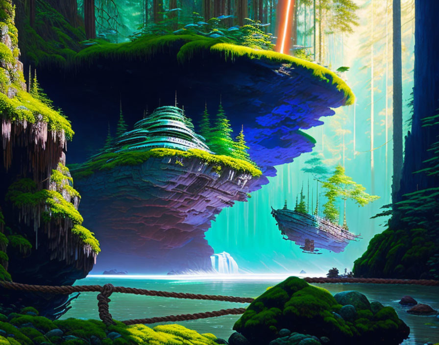 Fantastical forest with floating landmasses and cascading waterfalls