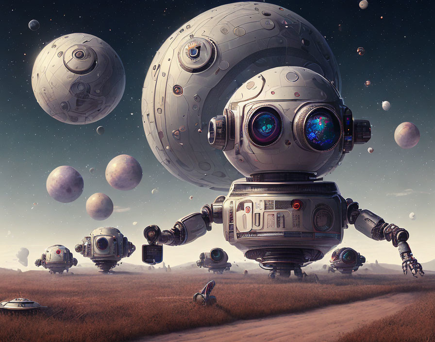 Digital Artwork: Robot with Expressive Eyes and Hovering Orbs in Surreal Landscape