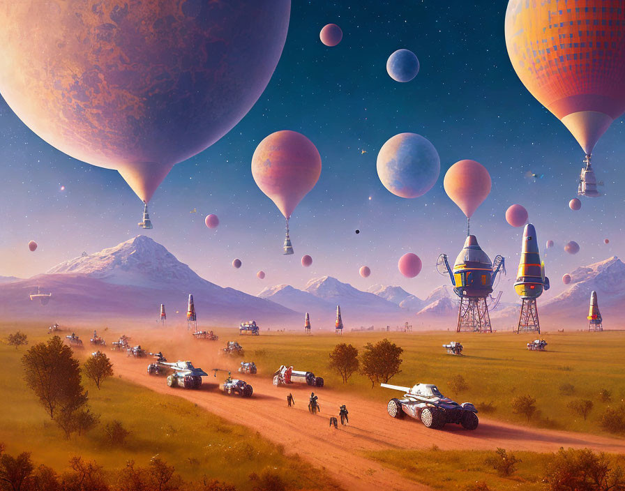 Colorful sci-fi landscape with hot air balloons, giant planet, vehicles, and figures on reddish