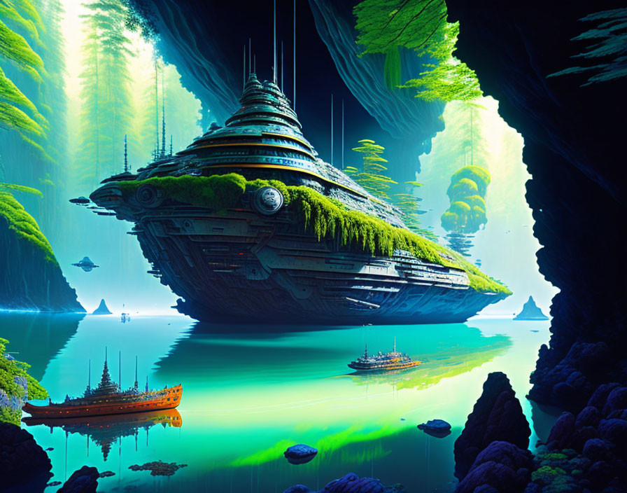 Moss-Covered Spaceship in Vibrant Cavern with Ethereal Light