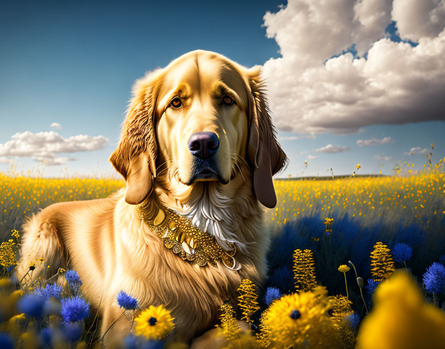 Golden Retriever in Yellow Flower Field under Blue Sky