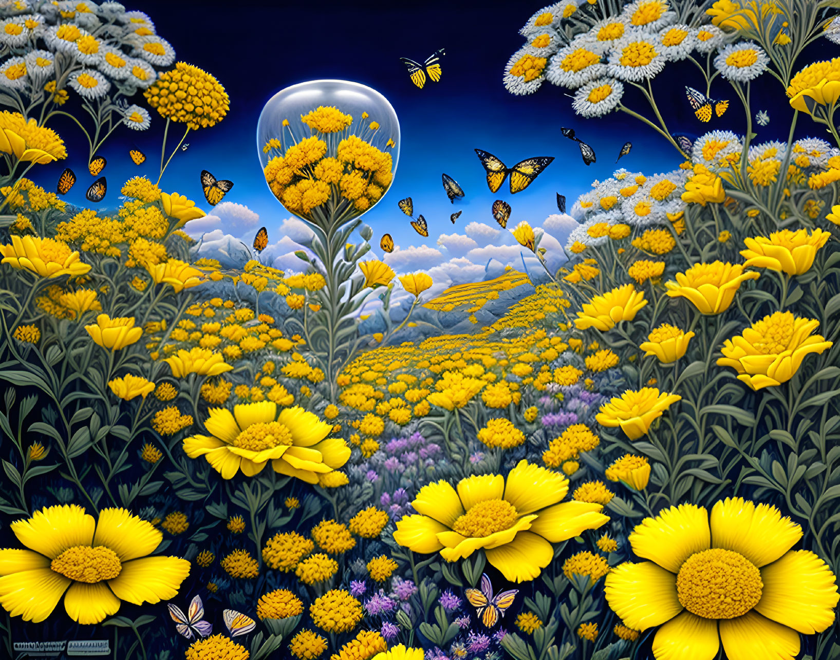 Yellow Flowers Field at Night with Moon and Butterflies