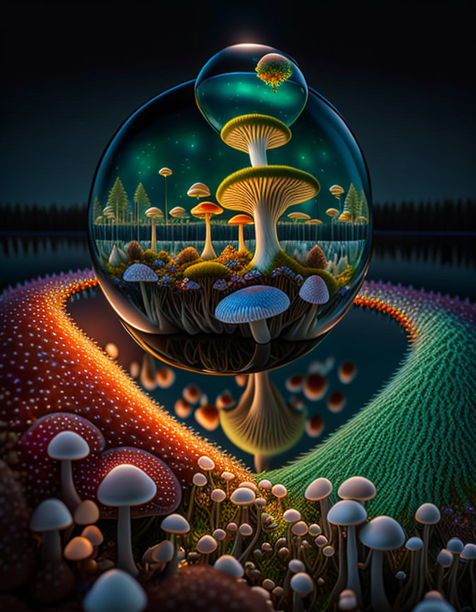 Surreal mushroom illustration with crystal ball and glowing orbs