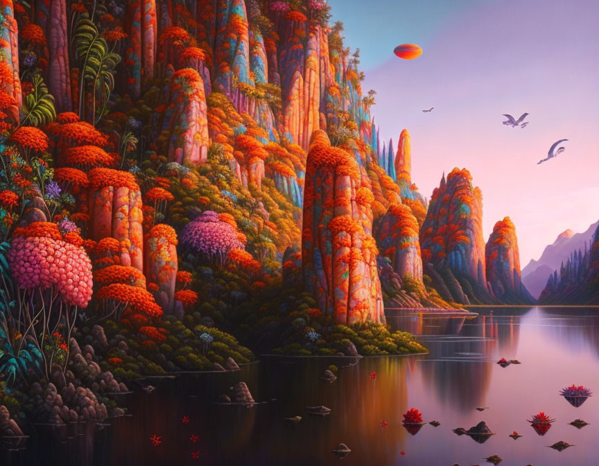 Colorful alien landscape with tall pink and orange plants, mirrored waters, flying birds, and red planet