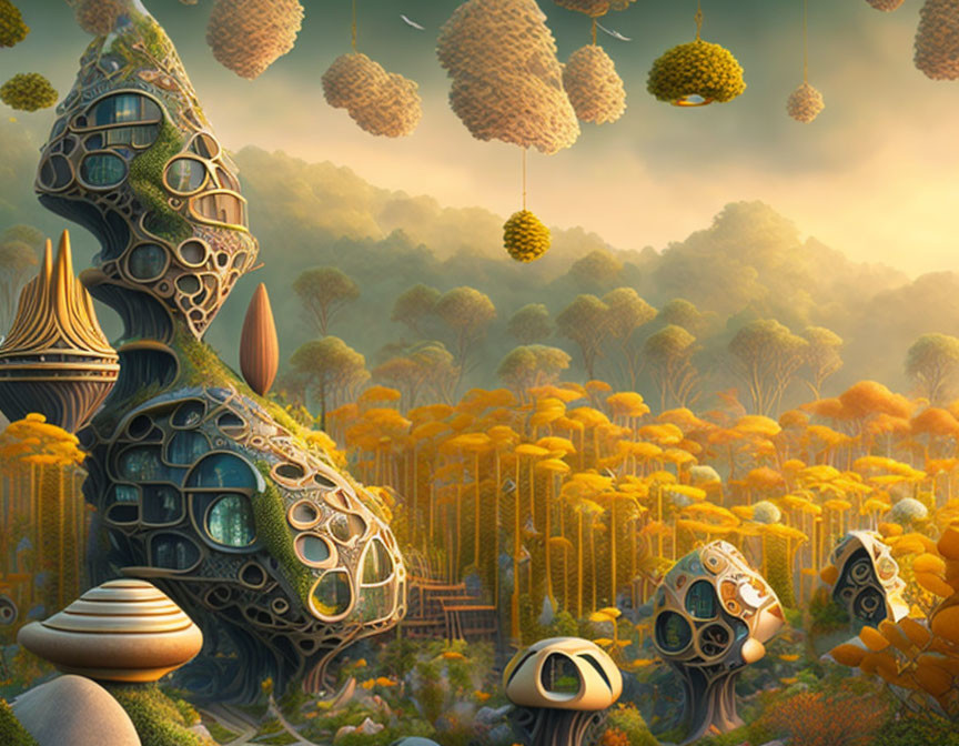 Whimsical fantasy landscape with tree-like structures and beehive-like elements