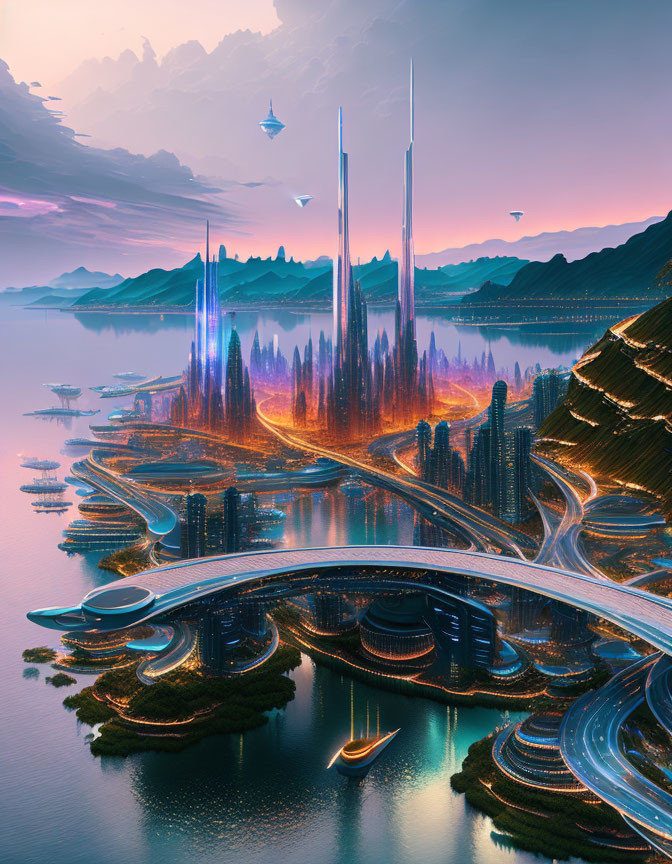 Futuristic cityscape with glowing roads and flying vehicles