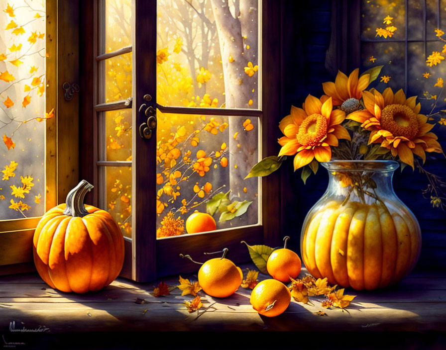 Autumn still life with pumpkin, sunflowers, oranges, sunlit window.