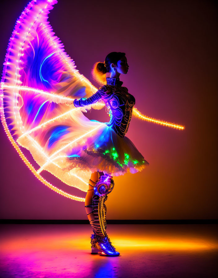 Futuristic performer in LED wings costume on dark background