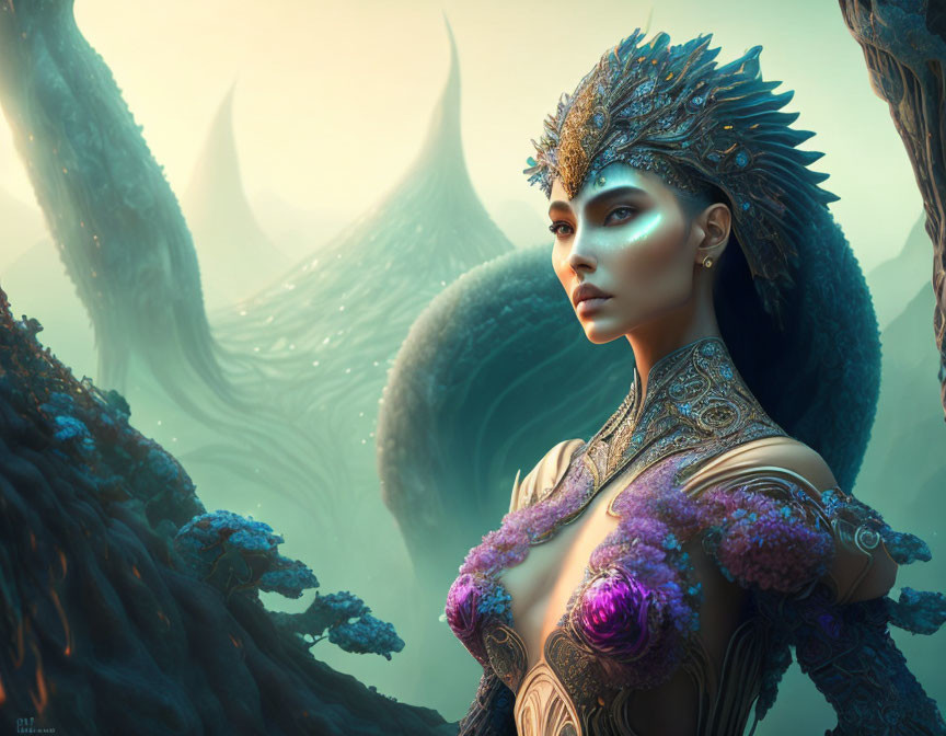 Mystical queen in elaborate crown and armor in alien landscape