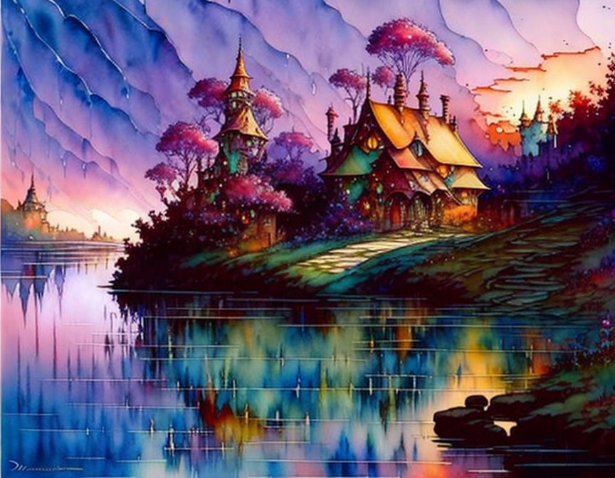 Colorful Fantasy Landscape with Whimsical Buildings and Waterfront Reflections