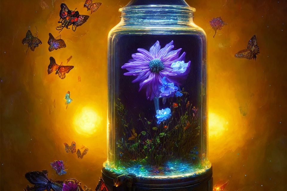 Fantasy scene with glowing violet flower in glass jar and butterflies on golden backdrop