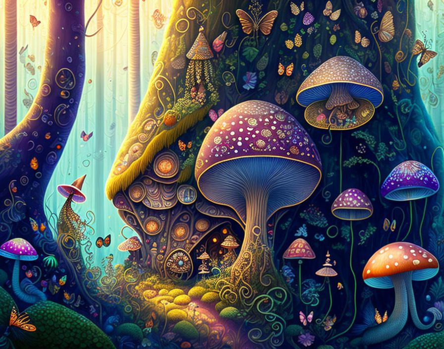 Colorful Fantasy Forest with Giant Mushrooms and Luminous Trees