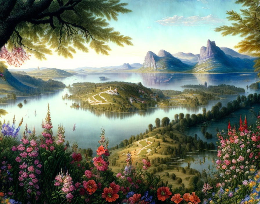 Tranquil lake with lush greenery, colorful flowers, and distant mountains