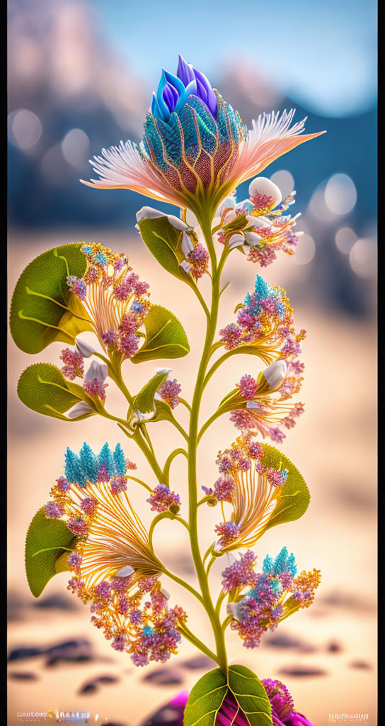 Vibrant plant with colorful leaves and blossoms against blurred nature backdrop.