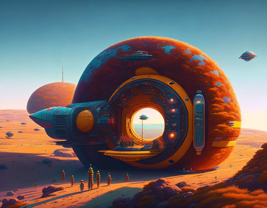 Futuristic fuzzy sphere spacecraft lands on alien desert with hovering ships