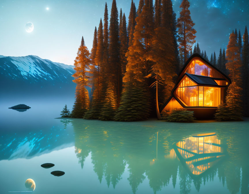 Serene lake cabin with glowing windows under starry sky