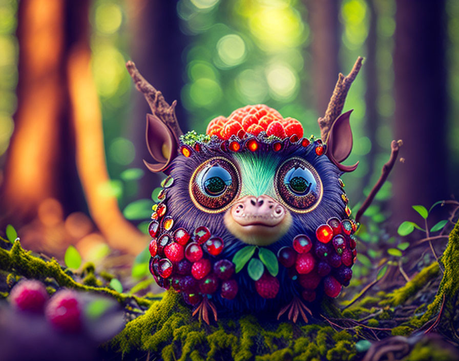 Whimsical creature with large eyes, antlers, and berries in vibrant forest