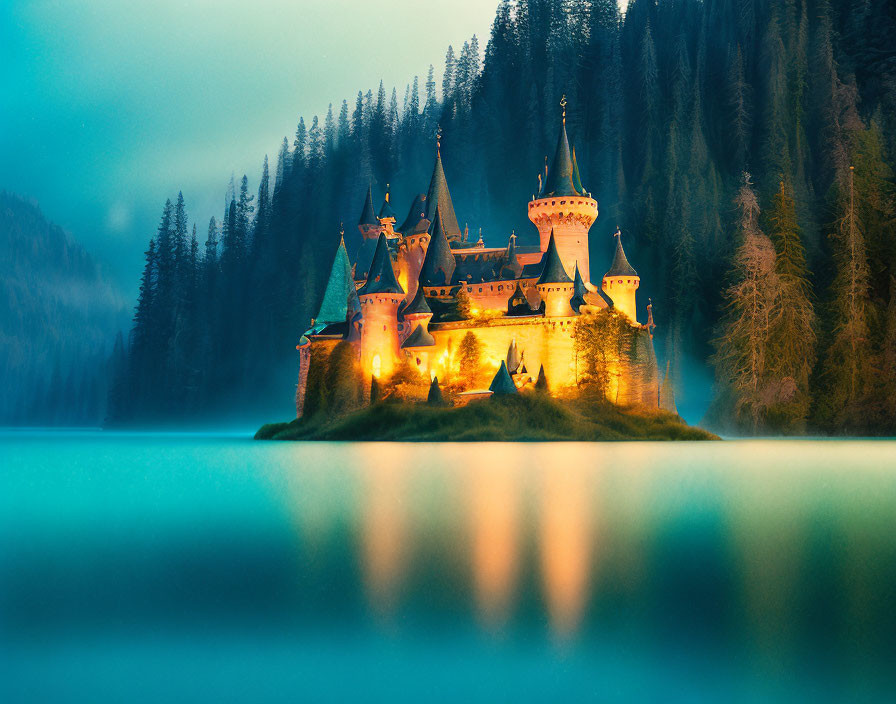 Twilight scene of illuminated castle by tranquil lake and misty forest.