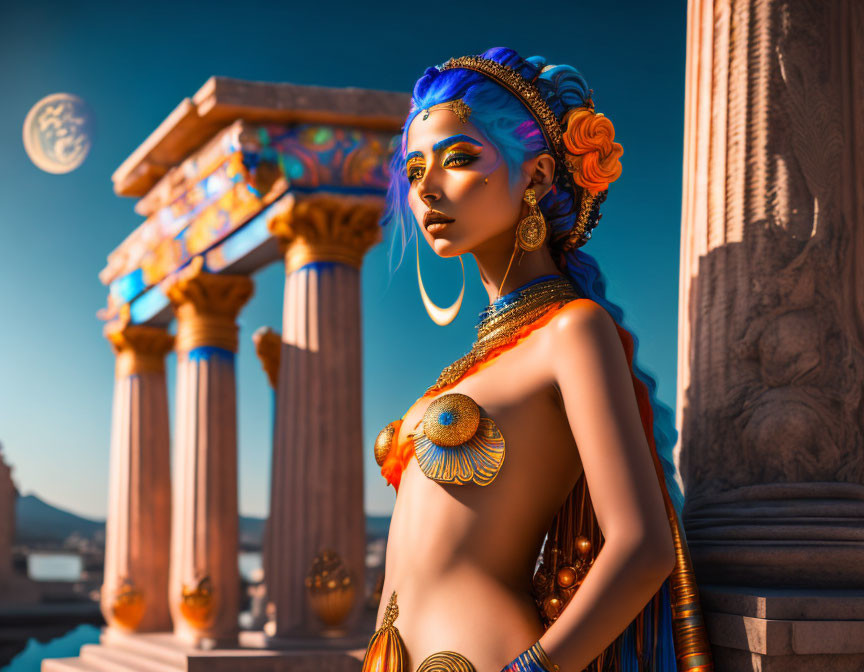 Woman styled as Egyptian goddess with gold accessories near ancient columns