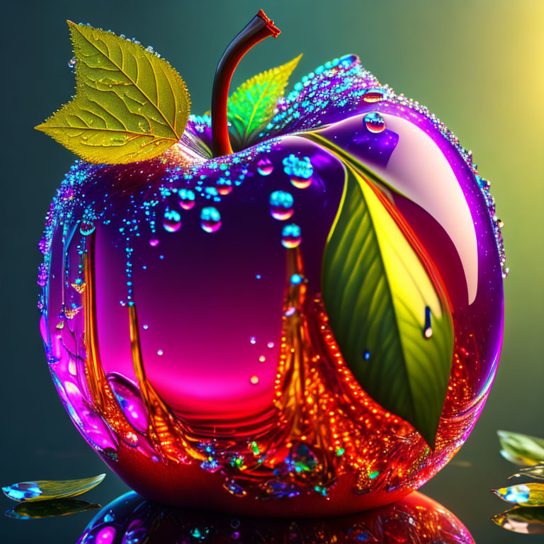 Colorful Digital Artwork of Apple with Droplets and Sparkling Light Effects