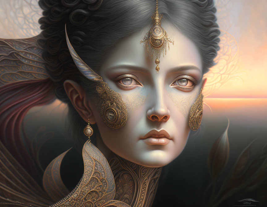 Ethereal woman with gold jewelry in digital painting