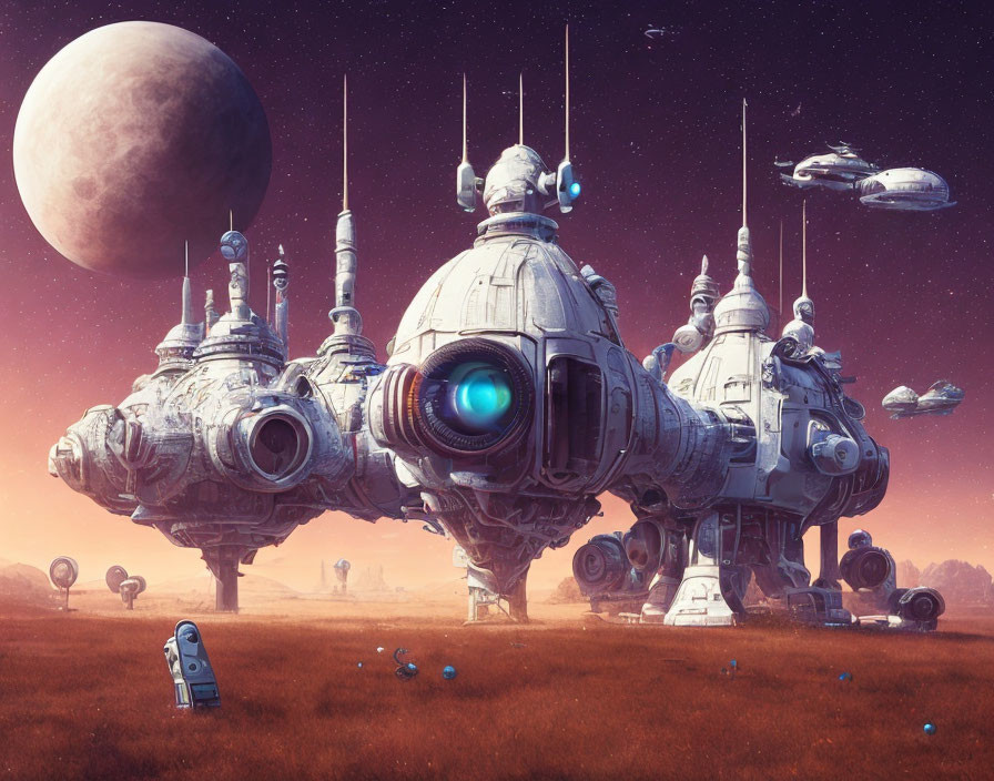 Futuristic sci-fi scene: large robots, small robots, alien landscape, planets, and hovering