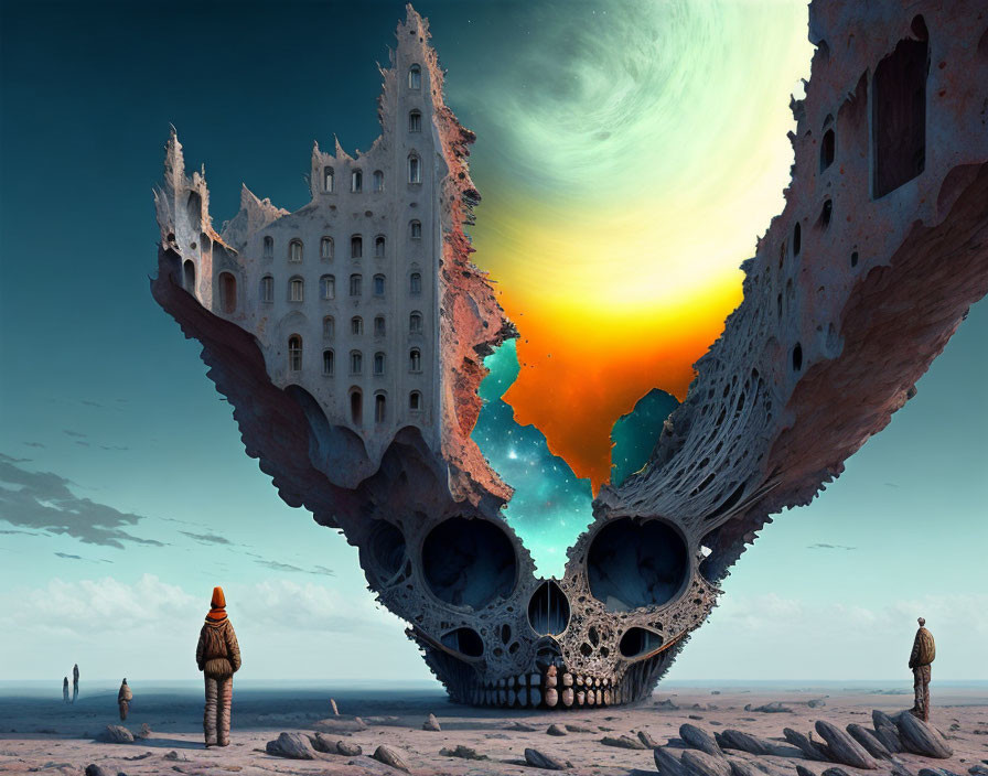 Surreal landscape with floating skull-shaped structure and vibrant sky.