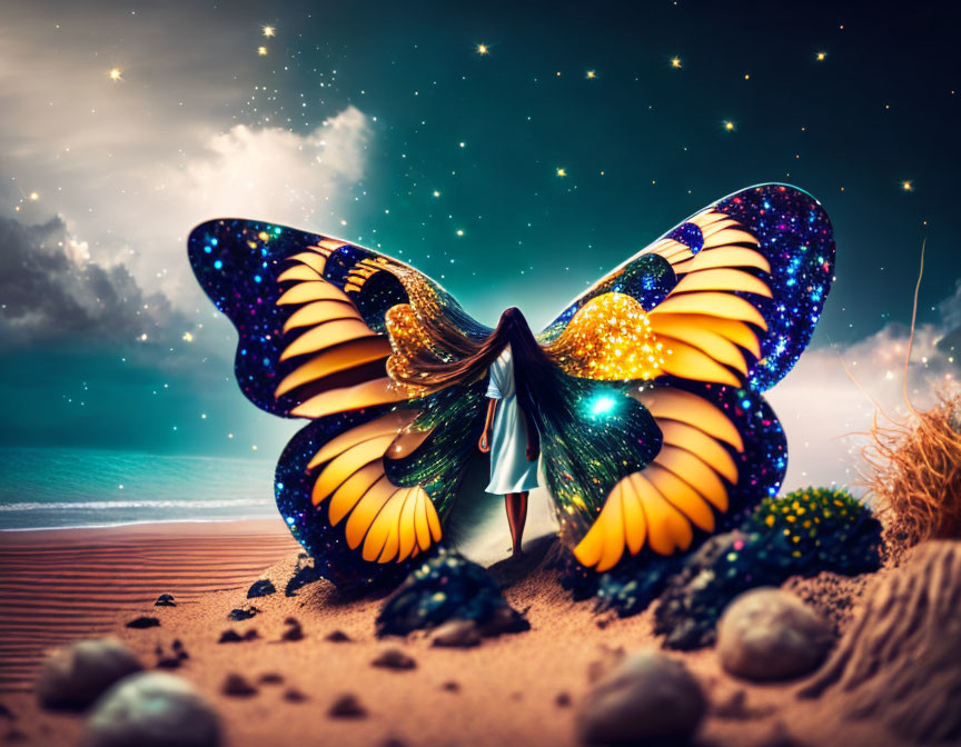 Butterfly-winged person on beach with cosmic backdrop