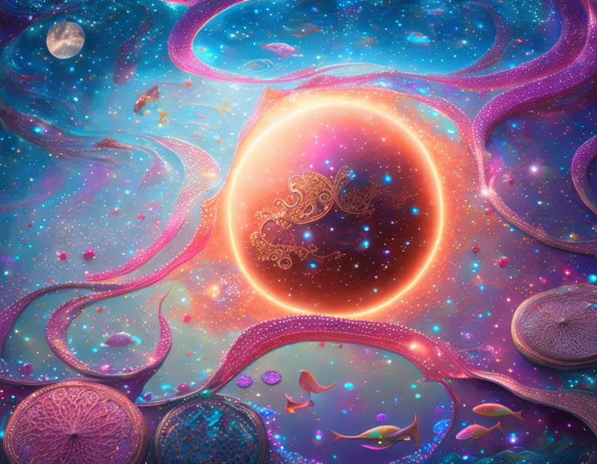 Colorful cosmic artwork featuring glowing orange sphere, swirling purple patterns, floating orbs, and fish-like creatures